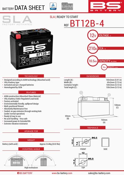 BEVERLY 125 (2002 - 2016) bt12b-4 sla 12v 210 a battery | BS BATTERY