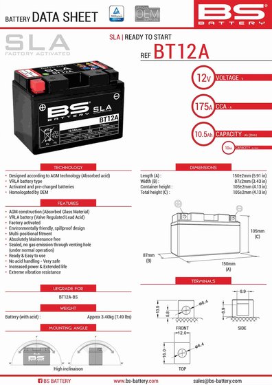 150 LIBERTY (2001 - 2017) bt12a sla 12v 175 a battery | BS BATTERY