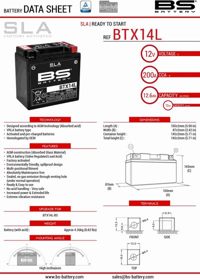 BEVERLY 250 GT (2004 - 2010) btx14 sla 12v battery | BS BATTERY