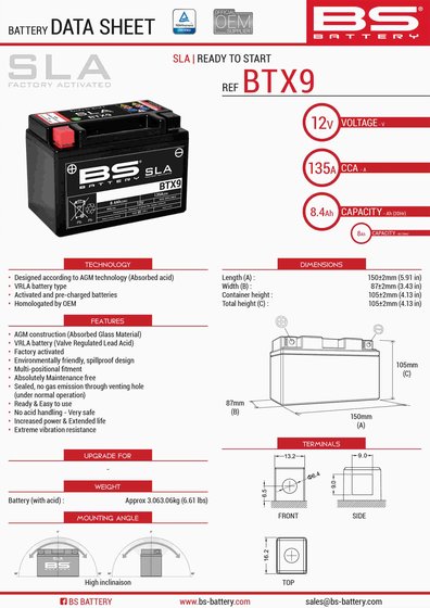 FREE 100 4T (2002 - 2003) btx9 sla 12v 135 a battery | BS BATTERY