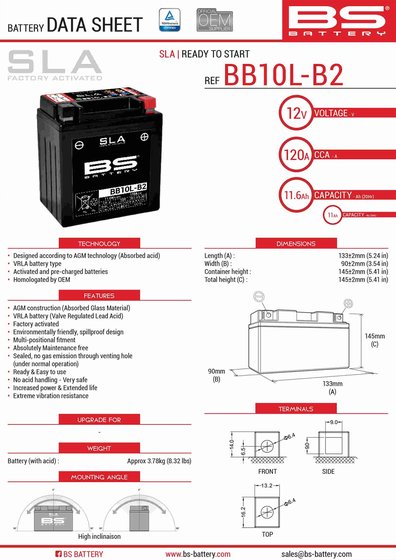 BEVERLY 200 GT (2002 - 2003) bb10l-a2/b2 battery | BS BATTERY