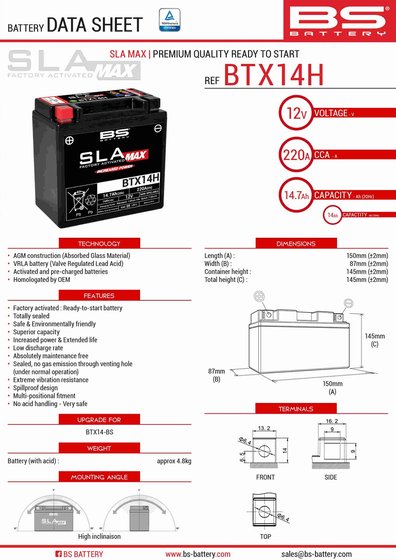 X7 250 (2007 - 2009) btx14h sla max akumuliatorius | BS BATTERY